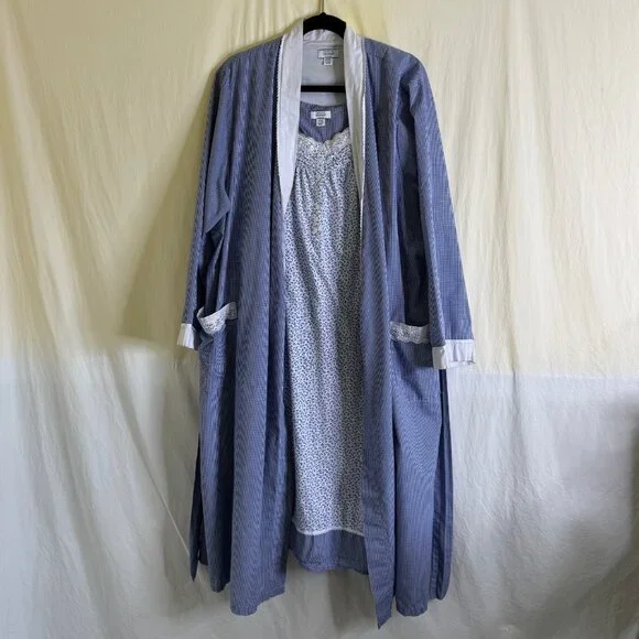 Celestial Dreams Nightgown & Robe Women's Sz 2X/3X Blue & White Floral & Checked - Picture 1 of 12